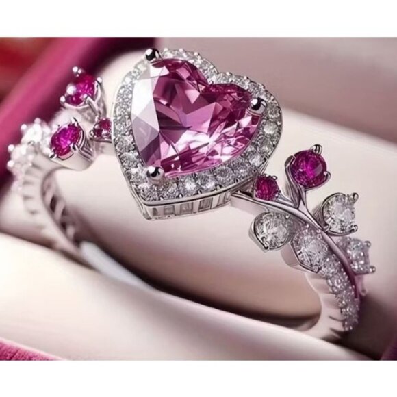 Heart Cut Pink Tourmaline Engagement Wedding Ring Set in Titanium - Picture 1 of 2